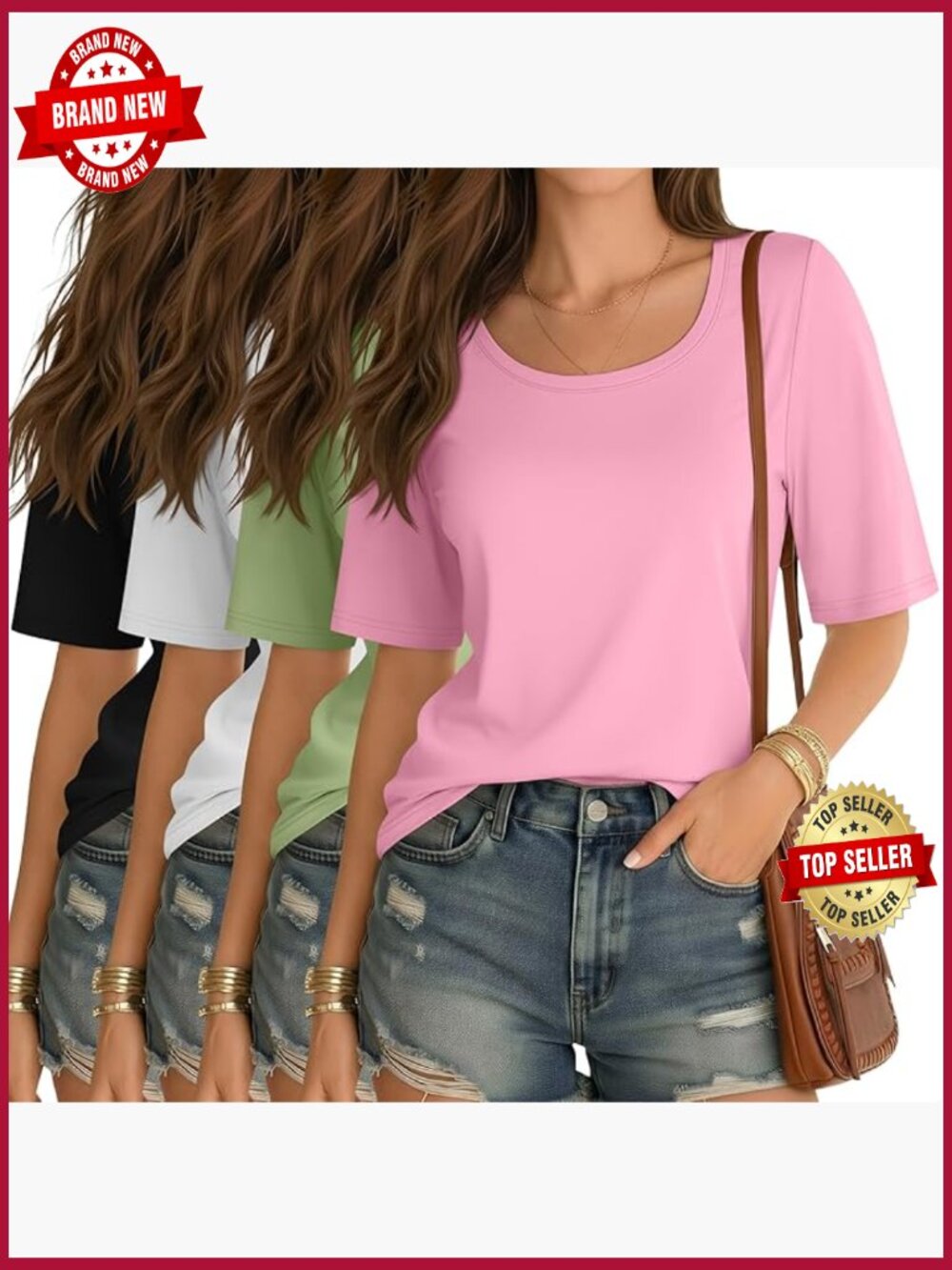 4 Pack Women's Half Sleeve T-Shirts Elbow Length Scoop Neck Loose Fit Basic